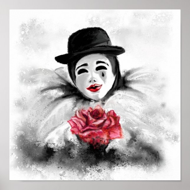 Clown avec affiche Rose Peinture noir blanc (Devant)