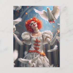 Clown féminin avec des pigeons. Carte postale amus