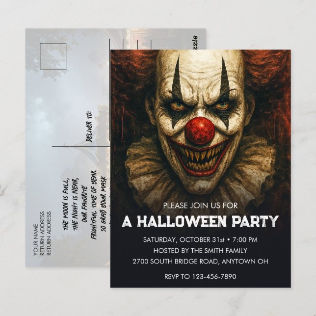 Clown Halloween Party Invitation carte postale (Devant / Derrière)