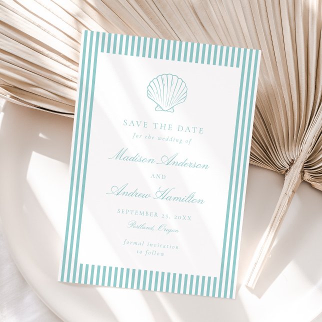 Coastal Aqua Stripe Shell Wedding Save the Date (Créateur téléchargé)