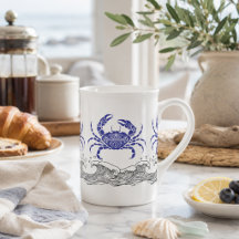 Coastal Blue Crab Coffee Mug with Ocean Waves