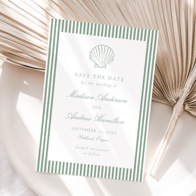 Coastal Sage Stripe Shell Wedding Save the Date (Créateur téléchargé)