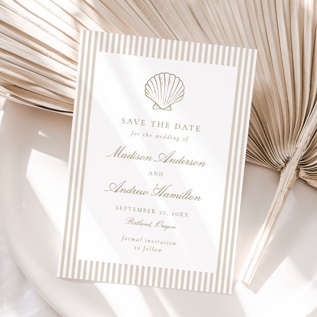Coastal Sand Stripe Shell Wedding Save the Date (Créateur téléchargé)