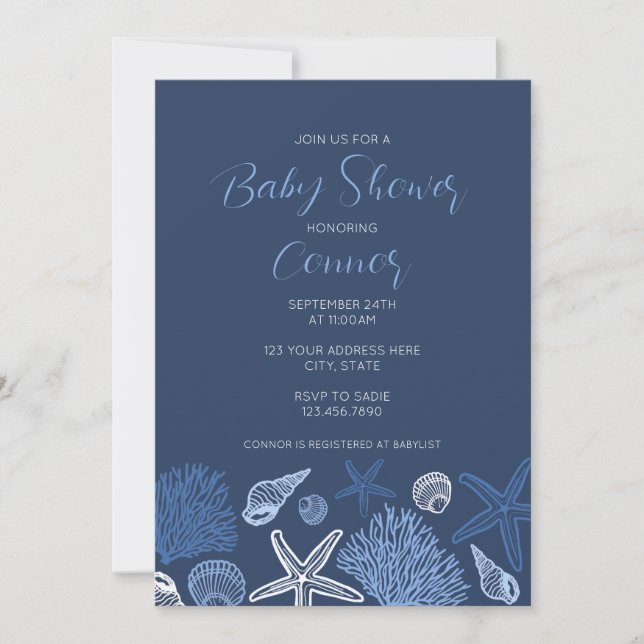 Coastal Seashell Baby shower Invitation Baby Boy (Devant)