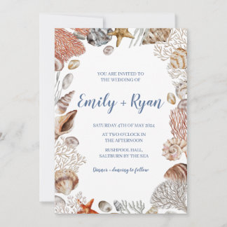 Coastal Seashell Coral Beach Mariage Invitation
