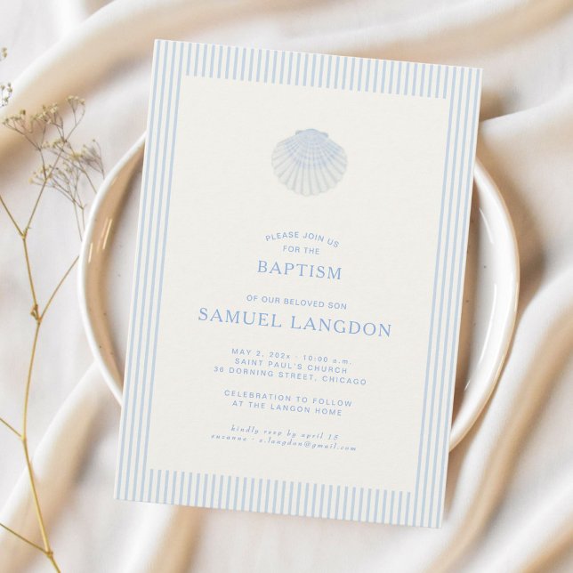 Coastal shell blue striped baptism Invitation (Créateur téléchargé)