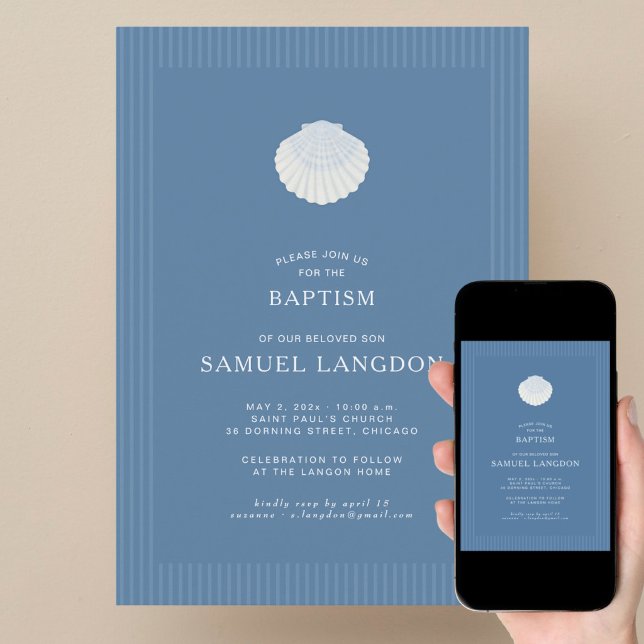 Coastal shell blue striped baptism Invitation (Créateur téléchargé)