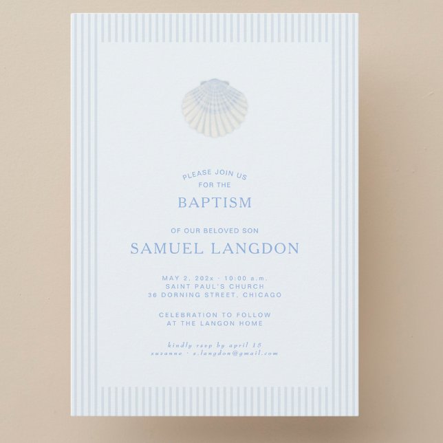 Coastal shell blue striped baptism Invitation (Créateur téléchargé)