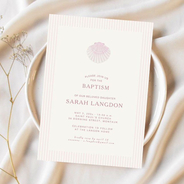 Coastal shell pink striped baptism Invitation (Créateur téléchargé)