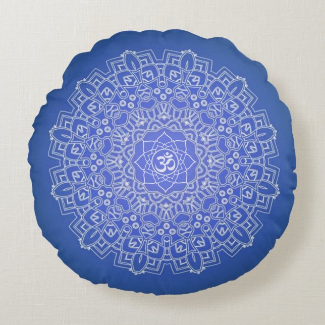 Cobalt Bleu Om Mandala Méditation Coussin rond (Devant)