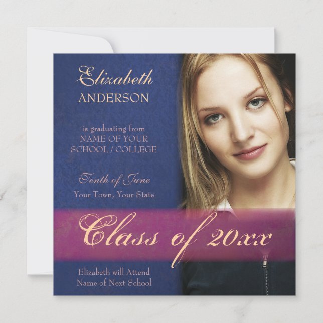 Cobalt Blue Damask Grunge Graduation Faire-part (Devant)