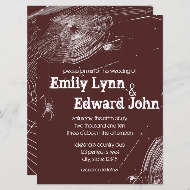 Cobwebs et Faire-part de mariage d'araignées blanc (Devant / Derrière)