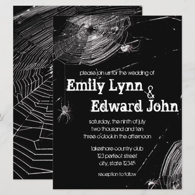 Cobwebs et Faire-part de mariage d'araignées blanc (Devant / Derrière)