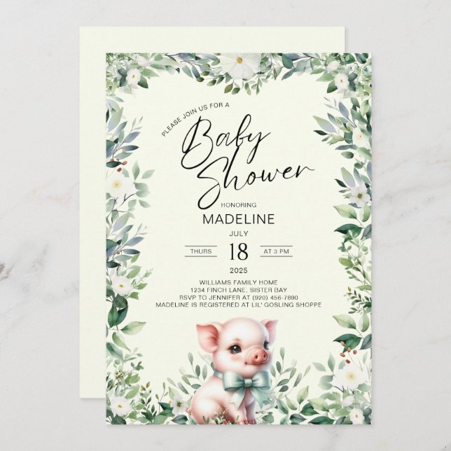 Cochon avec Bow Baby shower de verdure Invitation (Devant / Derrière)