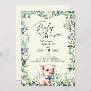 Cochon avec Bow Baby shower de verdure Invitation