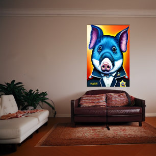 Cochon bleu en uniforme de police   AI Art Poster