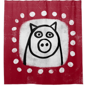 Cochon Drôle Sur Le Rideau De Douche Rouge