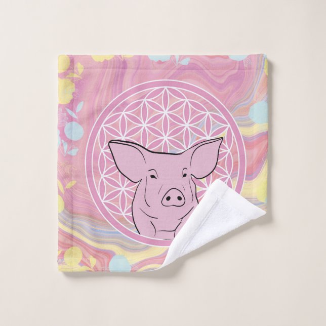 cochon, fleur de vie, rose, mandala, zen, chakra, (Gant de toilette)