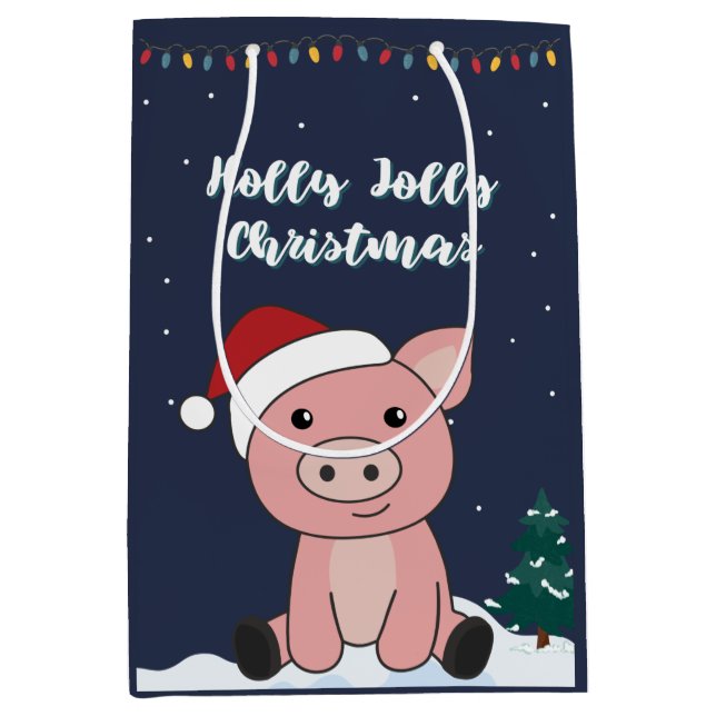 Cochon Joyeux animaux de Noël Cochons Moyen sac ca (Devant)