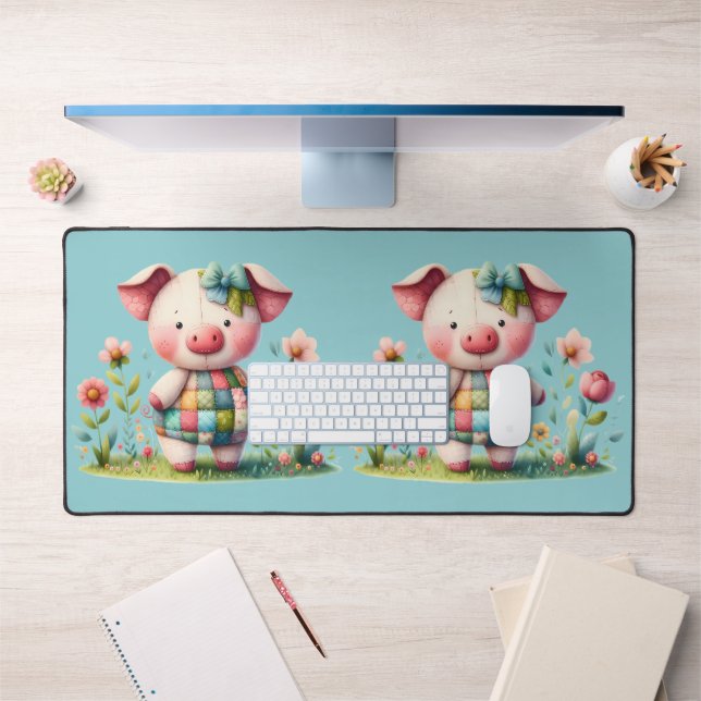 Cochon Patchwork Fantaisiste dans un Jardin Floral (Bureau 1)