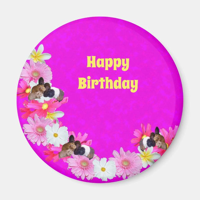 Cochons d'Inde Roses Et Fleurs, Magnet Frigo (Devant)