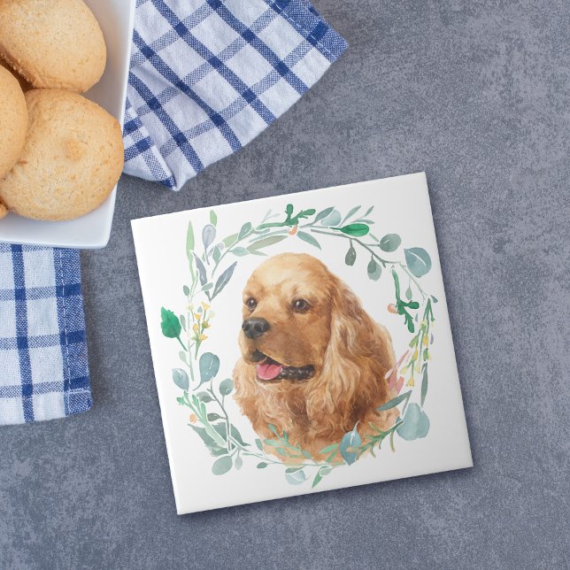 Cocker Spaniel Aquarelle Wreath Carreaux en cérami (Créateur téléchargé)