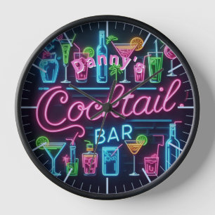 Cocktail Bar Horloge Neon Personnalisé Mancave Den