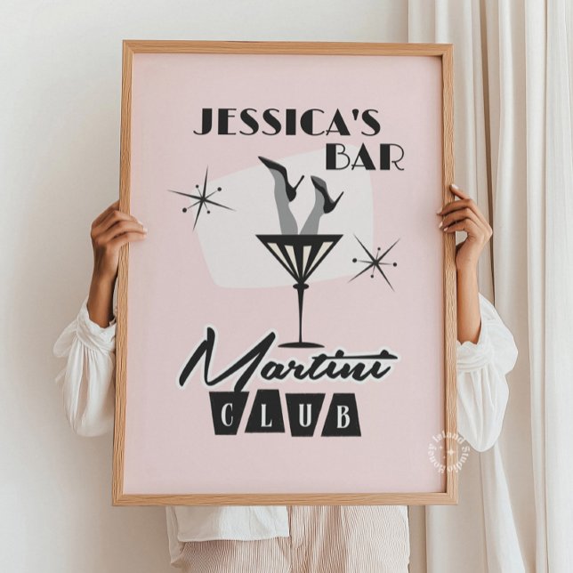 Cocktail personnalisé Martini Bar Retro Poster (custom vintage bar sign, personalized cocktail lounge art, retro home bar decor, speakeasy wall art )