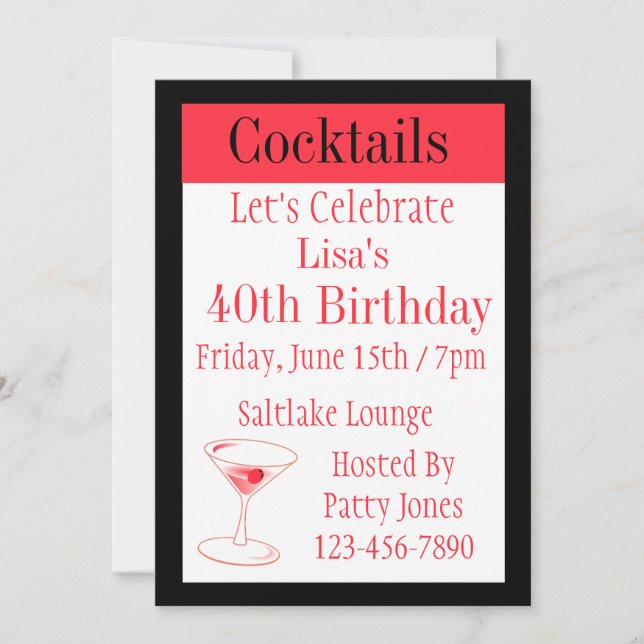Cocktail rouge et noir Invitations d'anniversaire (Devant)