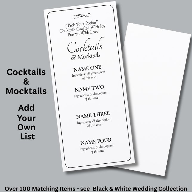 Cocktails Drinks Menu Card - Black White Infinity  (Créateur téléchargé)