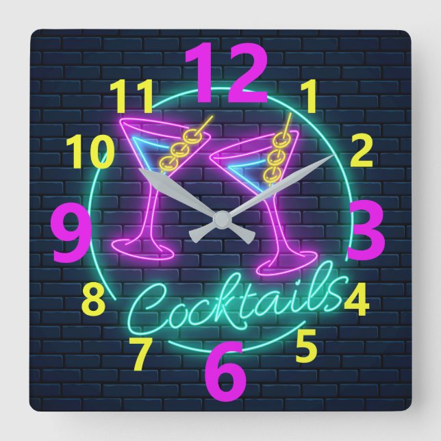 Cocktails Neon Signer Carré Horloge murale (Recto)