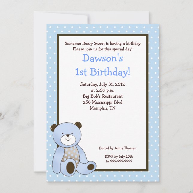 Coco sucre Bleu Ours 5x7 Invitation d'anniversaire (Devant)
