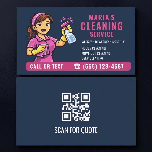 Code QR Carte de Visite Femme de Ménage Rose Bleu  (Créateur téléchargé)