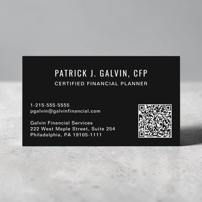 Code QR Carte de Visite Planificateur Financier CF (CFP Financial Planner QR Code Black Business Card)