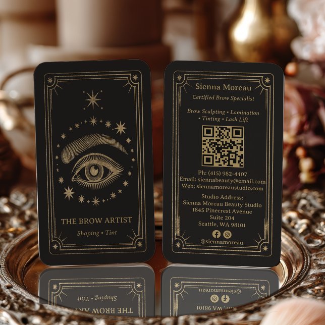 Code QR Carte de visite Tarot Céleste Rétro Or pou (Gold Retro Celestial Tarot Brow Artist QR Code Business Card)