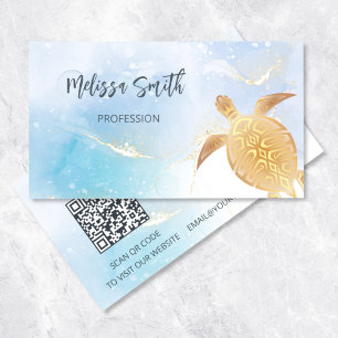 Code QR   Carte de visite Tortue Tribale Or Bleu