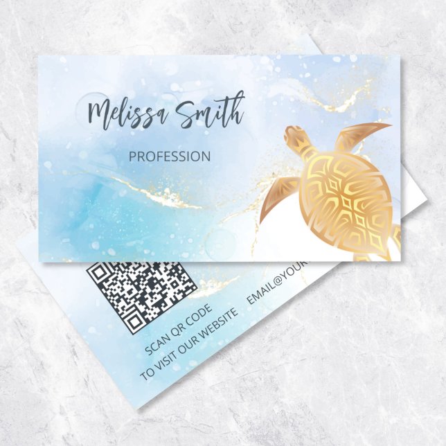 Code QR | Carte de visite Tortue Tribale Or Bleu (Créateur téléchargé)