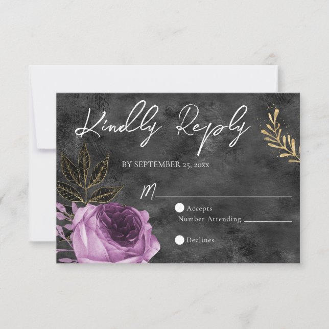 Code QR Carte RSVP de mariage floral violet et noi (Devant)