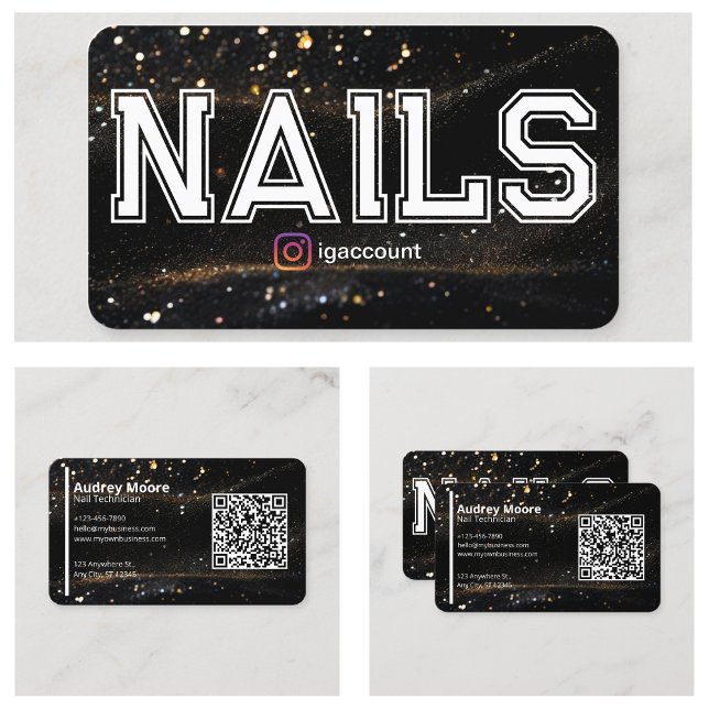 Code QR Cartes de visite Technicien en Onglerie No (QR Code Black Gold Professional Nail Tech Business Card
)