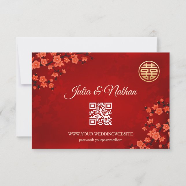 Code QR | Cherry Blossom Red RSVP Mariage chinois (Dos)