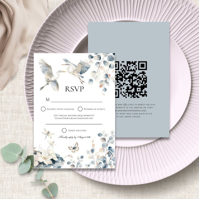 Code QR de Blue Heron ou réponse par Mariage posta (Front and back view)