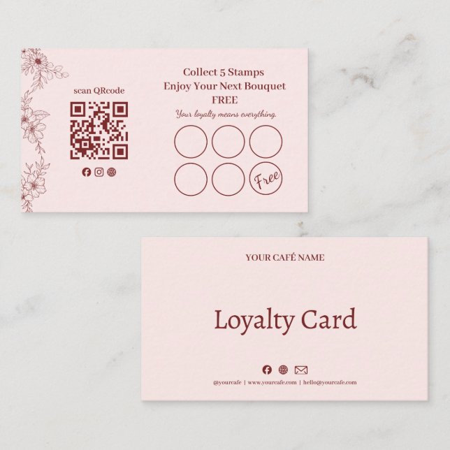 Code QR de la carte de fidélité avec tampon floral (Devant / Derrière)