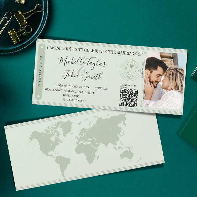 Code QR de la carte d'embarquement de mariage de d (modern sage green boarding pass invitation)