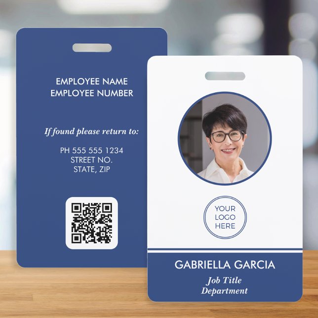 Code QR de l'entreprise Badge d'ID bleu (Blue business id badge, with employee photo and your logo. QR Code and general business info. )