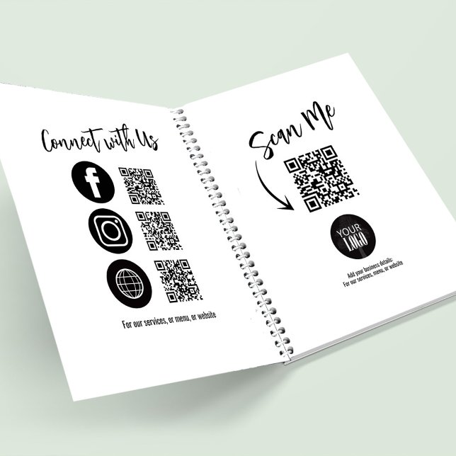 Code QR de logo d'entreprise simple sur les médias (add your logo business journal with social media icons and QR codes. )