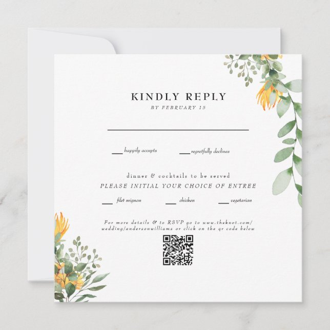 Code QR de mariage carré blanc Tournesol moderne (Devant)