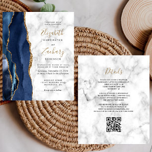 Code QR de mariage en marbre agate or et bleu de N