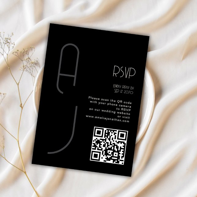 Code QR de mariage minimal monogramme noir RSVP  (Créateur téléchargé)