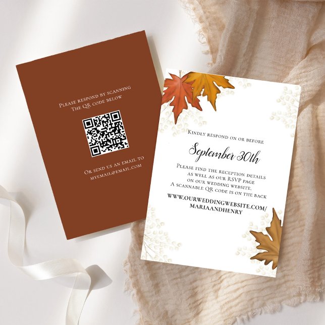 Code QR de réponse au mariage des feuilles d'autom (Fall and Autumn Wedding Invitation RSVP Cards. )