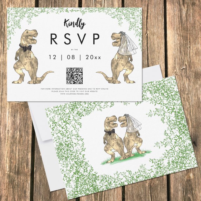 Code QR de réponse au mariage dinosaure (Funny T-Rex bride and groom dinosaur jungle wedding  original artwork by artist Catherine Sweetman )